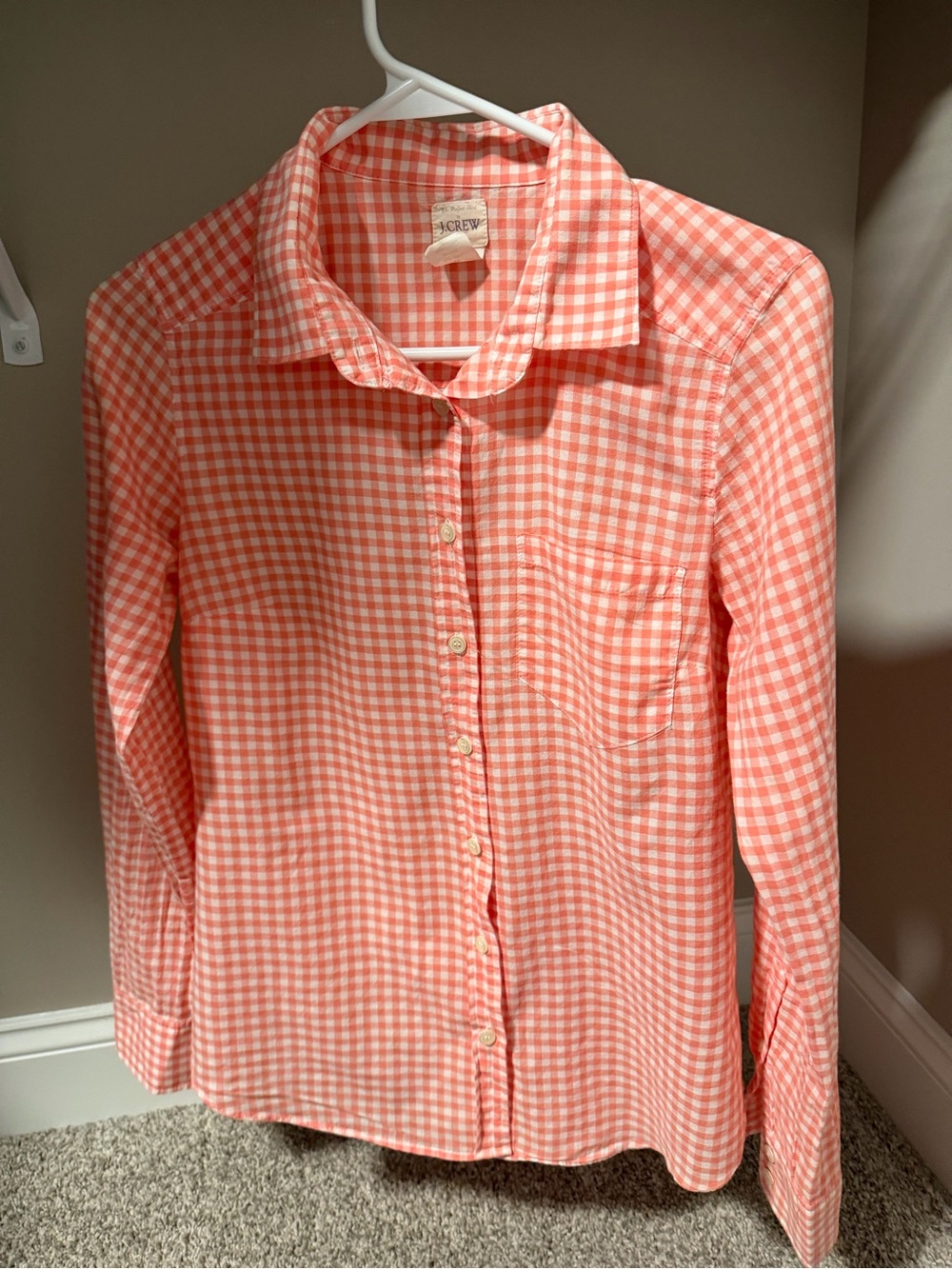 J. Crew Coral and White Gingham Button-Down Shirt